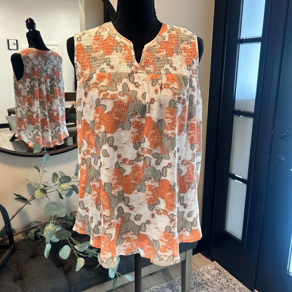 Tribal Women Orange Sage Green Abstract Print Smocked Pleated Sleeveless Blouse